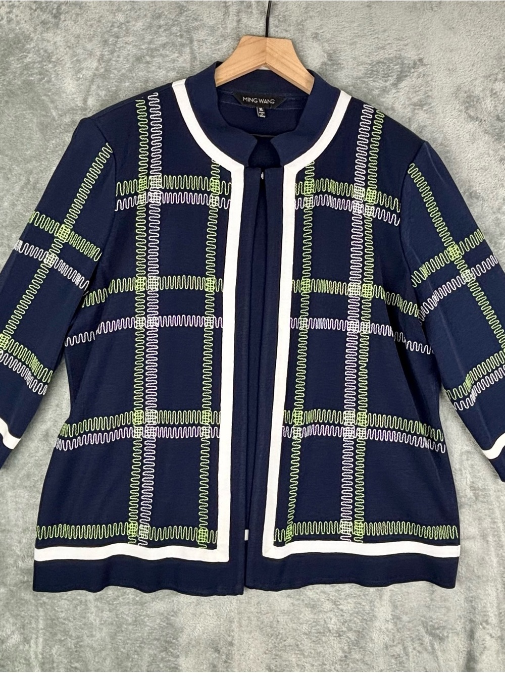 Vintage Ming Wang Womens XL Blue Green Zig Zag Embroidered Geometric Cardigan